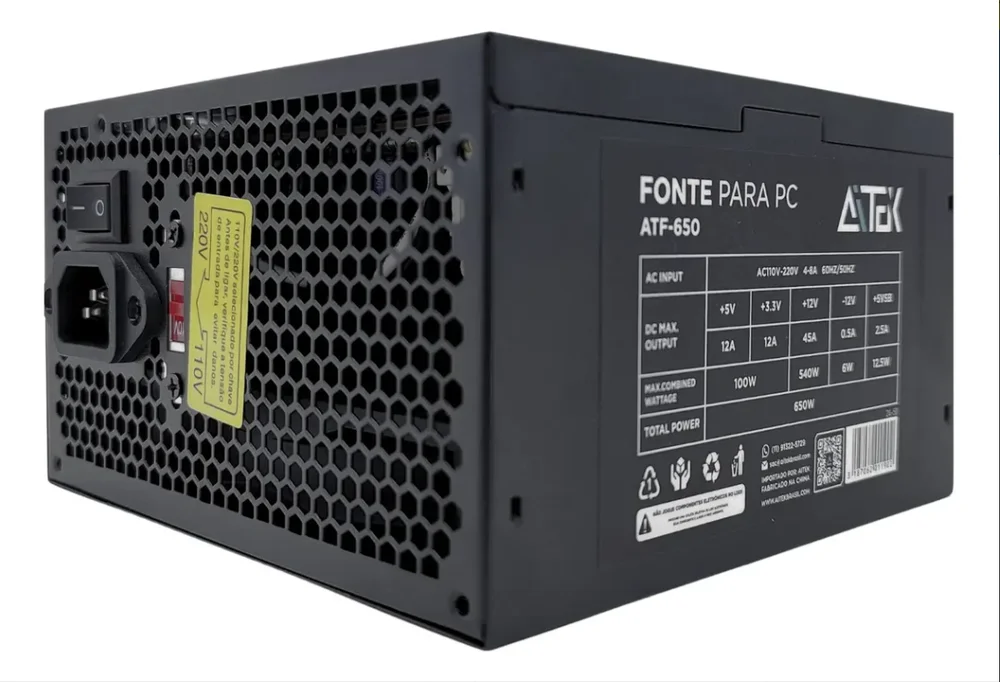 Fonte De Alimentação Atf-650 650w Atx Bivolt 110v/220v Para PC