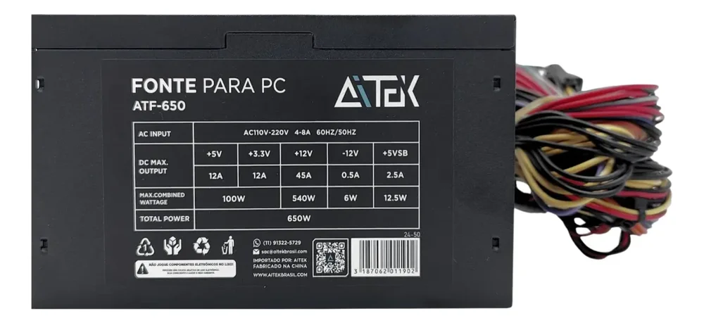 Imagem 2 de 3 do produto Fonte De Alimentação Atf-650 650w Atx Bivolt 110v/220v Para PC