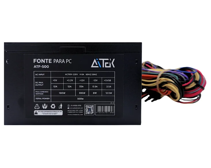 Fonte de Alimentação ATF-500 500W ATX 110V/220V Aitek Fonte de Alimentação ATF-500 500W ATX 110V/220V Aitek