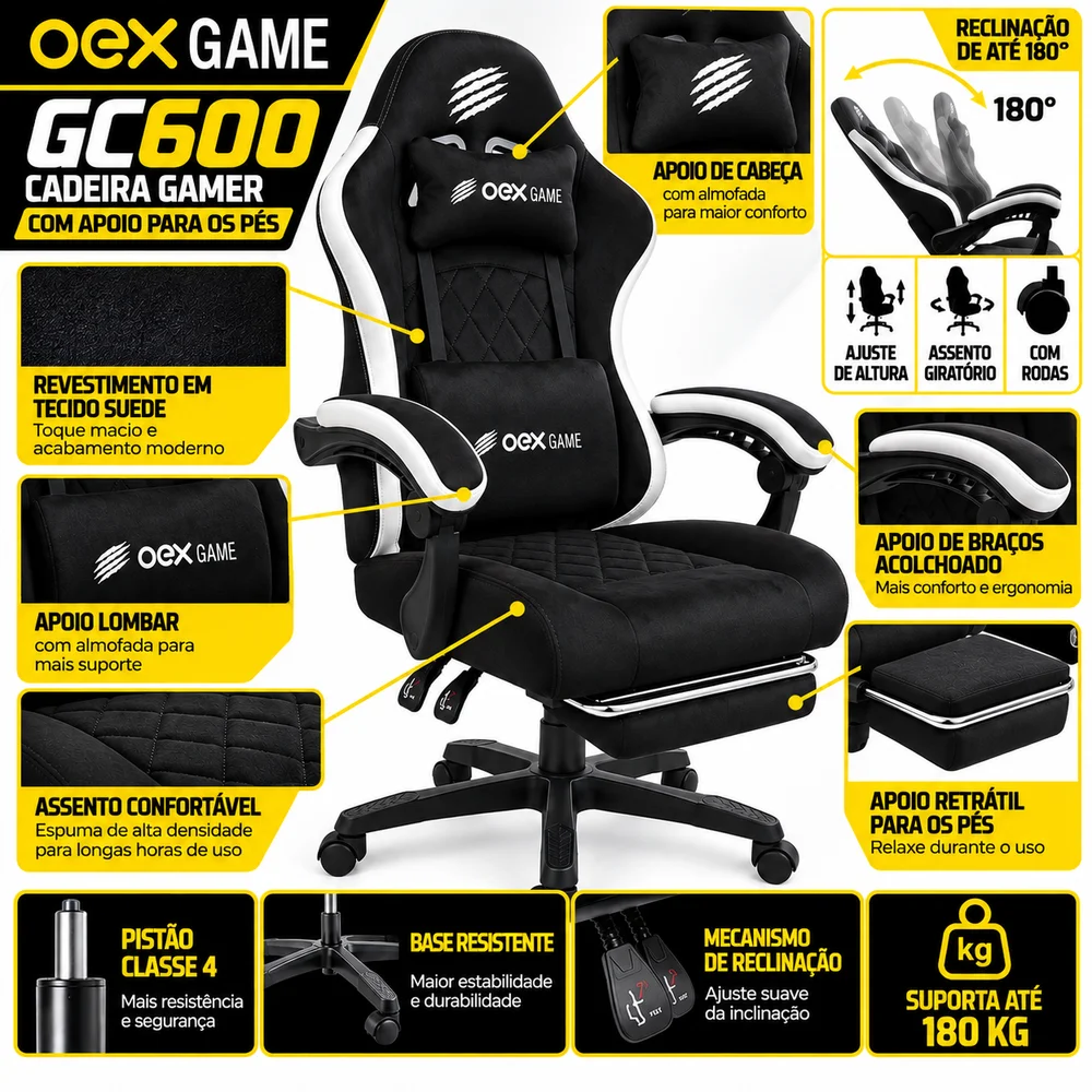 Imagem 2 de 5 do produto Cadeira Gamer Oex Game Reclinável Com Apoio Para Pés Preta