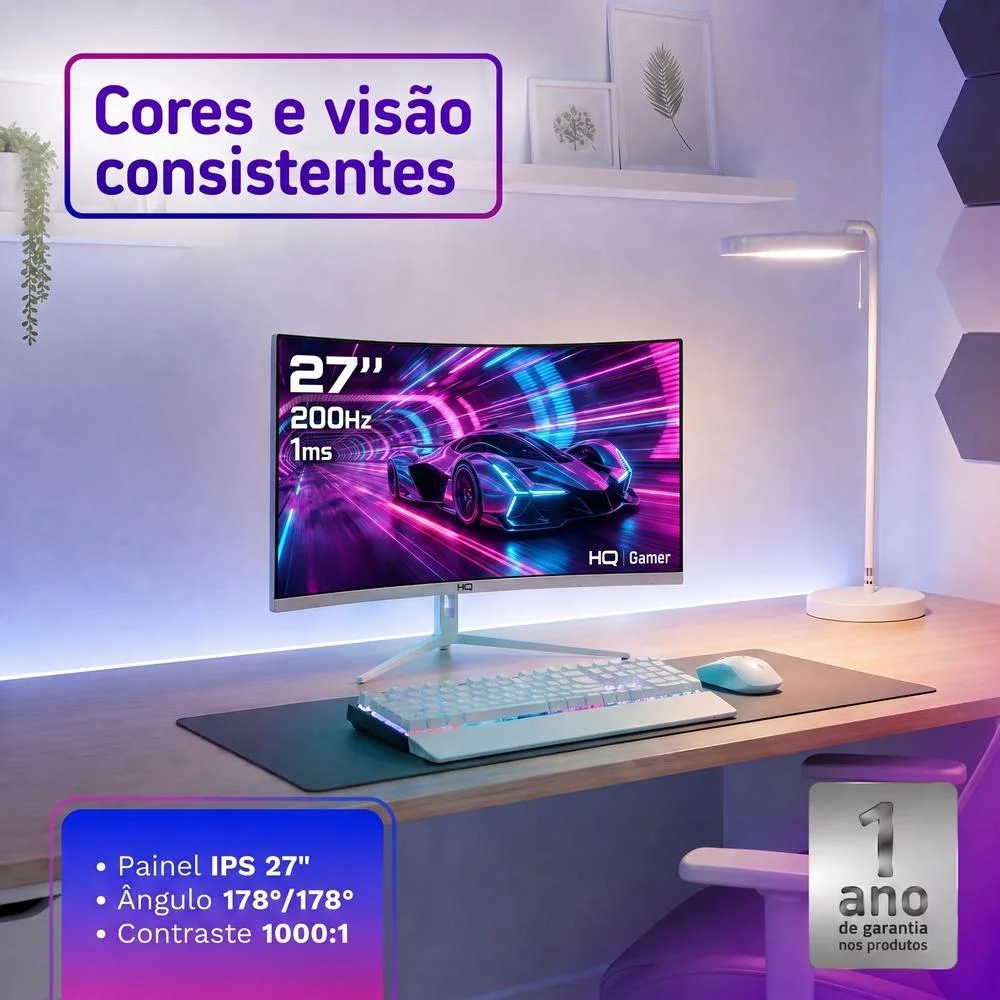 Monitor Gamer Hq 27" Branco Curvo 1ms, 200hz, Amd Freesync, Full Hd, HDMI, Dp, Frameless Hqw27c200 Monitor Gamer Hq 27" Branco Curvo 1ms, 200hz, Amd Freesync, Full Hd, HDMI, Dp, Frameless Hqw27c200