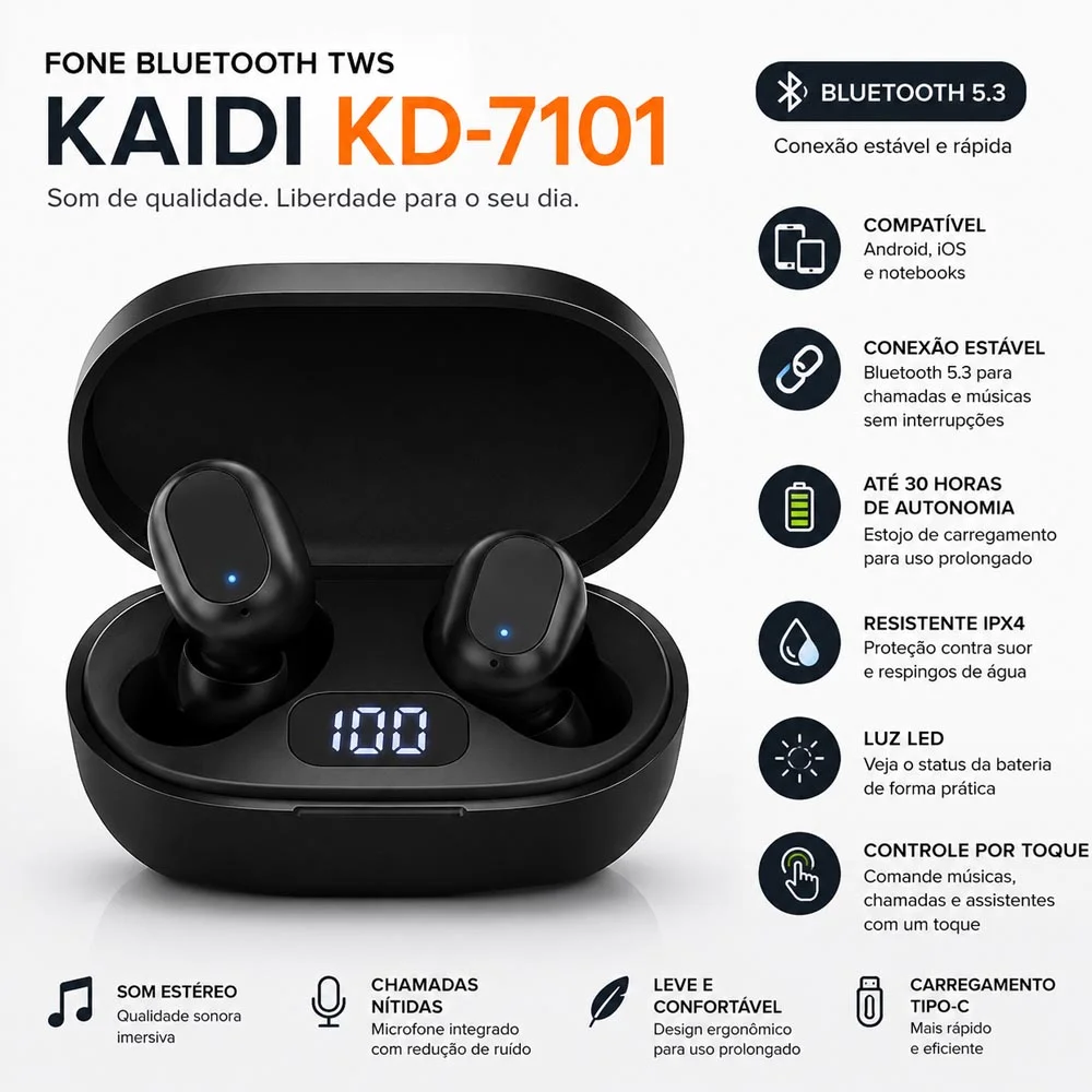 Imagem 3 de 5 do produto Fone Bluetooth 5.3 Tws Controle Touch Ipx4 Kaidi Kd-7101 Branco