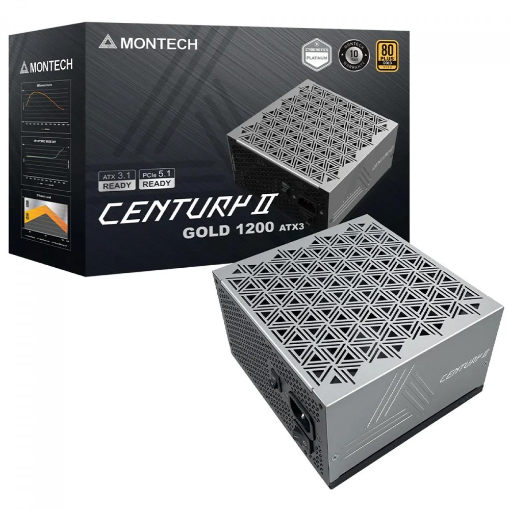 Fonte Montech Century Ii 1200w, 80 Plus Gold, Cybenetics Platinum, PCie 5.1, Pfc Ativo, Full Modular, Cinza