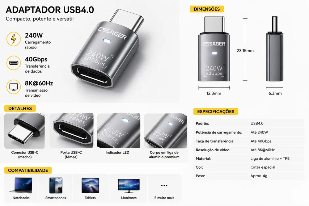 Imagem 2 de 5 do produto Adaptador Usb4.0 Essager Usb-c Macho Para Usb-c Fêmea 240w 40gbps 8k@60hz