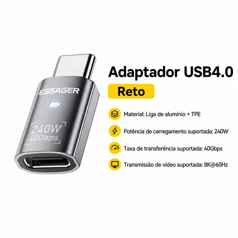Imagem 5 de 5 do produto Adaptador Usb4.0 Essager Usb-c Macho Para Usb-c Fêmea 240w 40gbps 8k@60hz