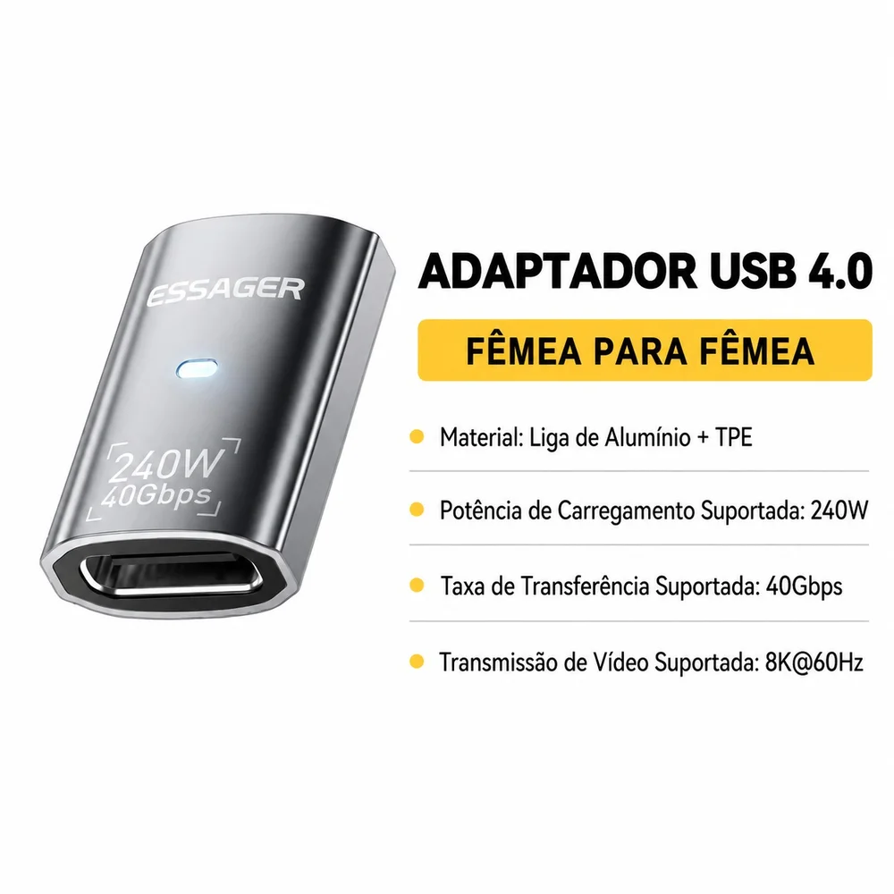 Imagem 4 de 5 do produto Adaptador Usb-c Fêmea Para Usb-c Fêmea Essager Usb 4.0 40gbps 240w 8k