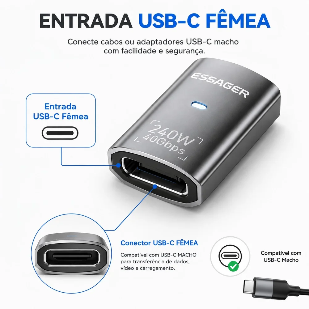 Imagem 5 de 5 do produto Adaptador Usb-c Fêmea Para Usb-c Fêmea Essager Usb 4.0 40gbps 240w 8k