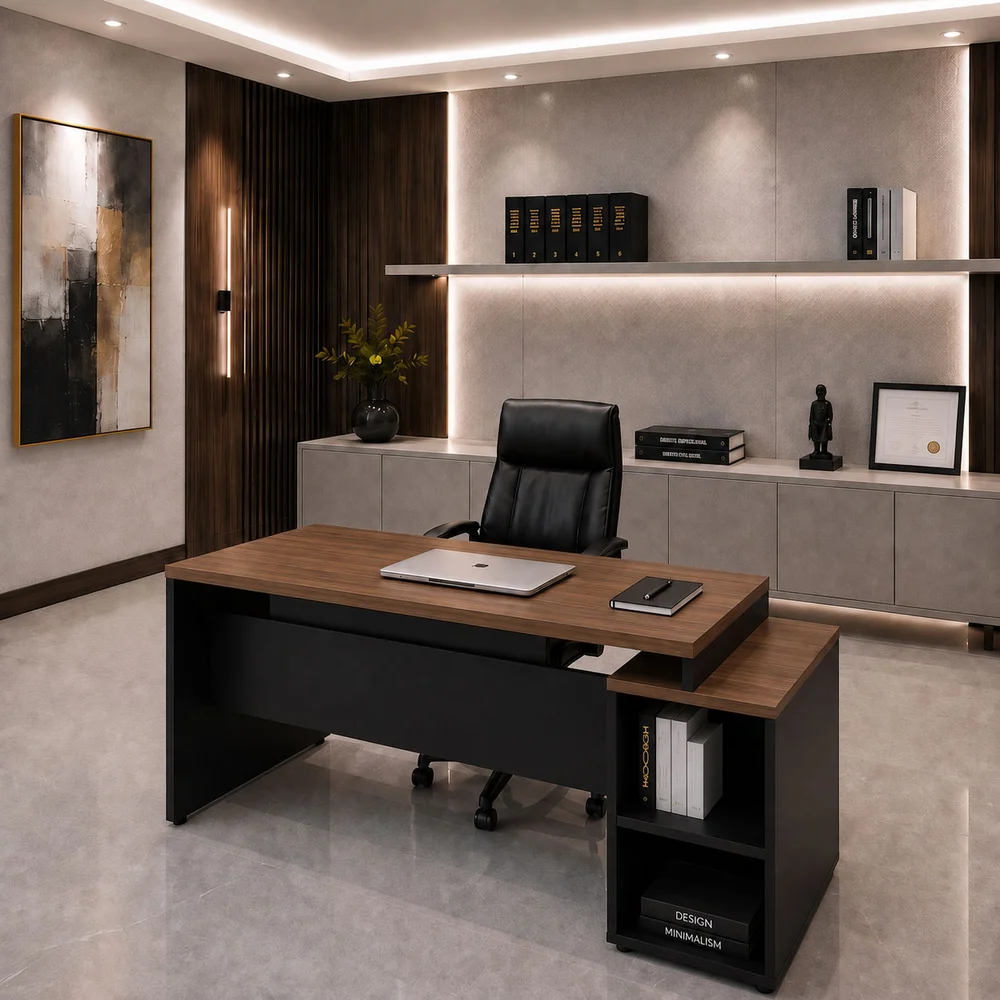 Imagem 2 de 5 do produto Mesa De Escritório Diretor 165x70cm Com Armário E Gaveta - Nogal/preto