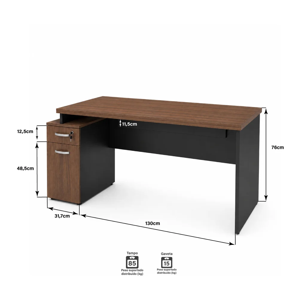Imagem 5 de 5 do produto Mesa De Escritório Diretor 165x70cm Com Armário E Gaveta - Nogal/preto