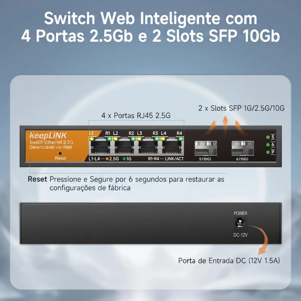 Imagem 5 de 5 do produto Switch Keep Link 4 Portas 2.5g Rj45 Uplink 2x 10g Sfp