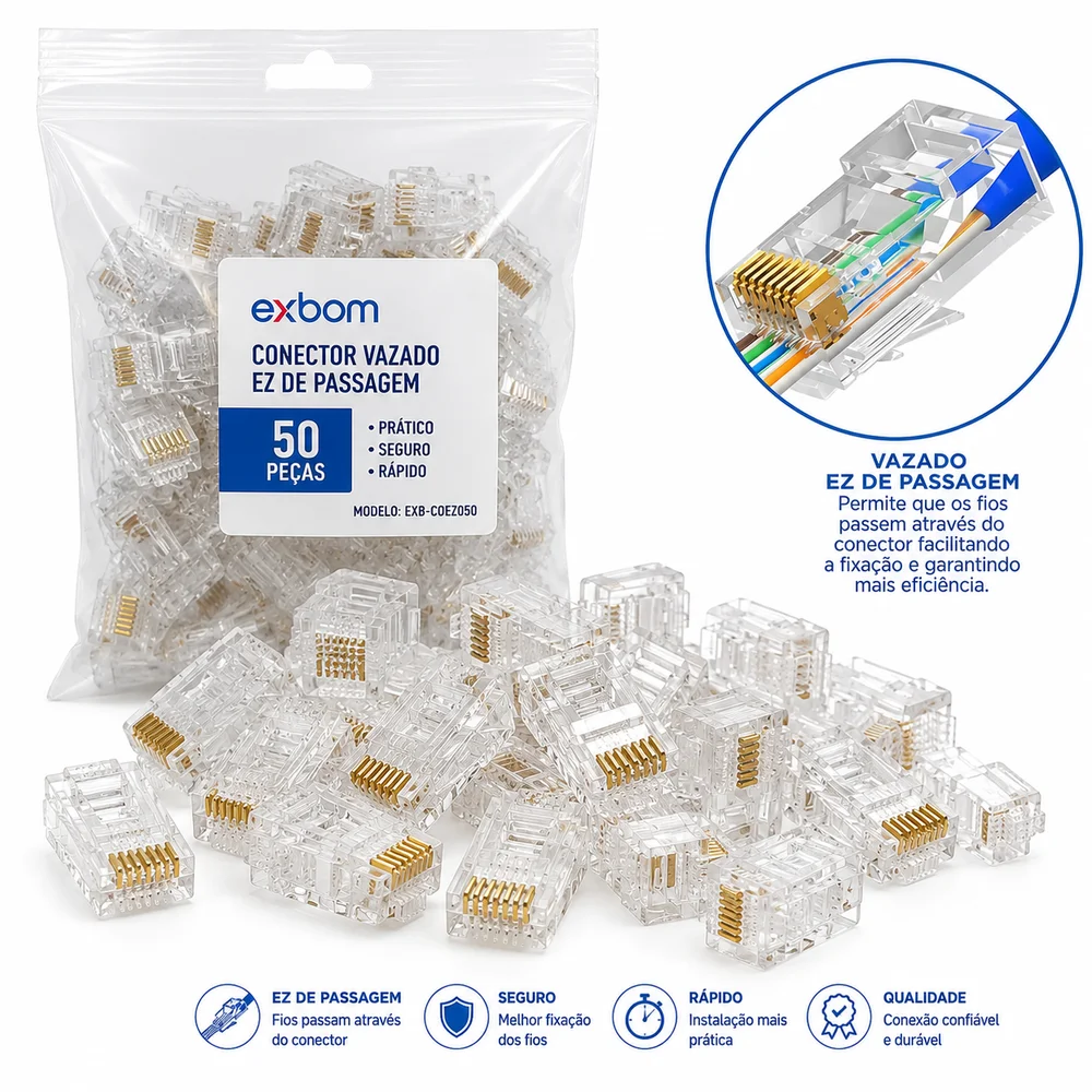 Imagem 4 de 5 do produto Kit 50 Conector Cabo De Rede Ezrj45 Vazado Passagem Cat5e/6