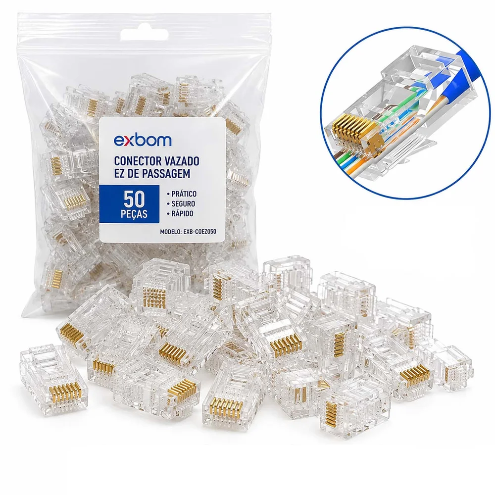 Imagem 5 de 5 do produto Kit 50 Conector Cabo De Rede Ezrj45 Vazado Passagem Cat5e/6