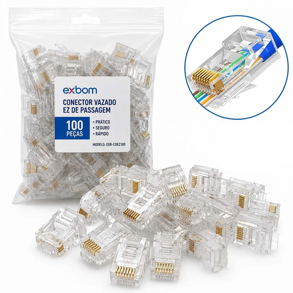 Imagem 4 de 4 do produto Kit 100 Conector Cabo De Rede Ezrj45 Vazado Passagem Cat5e/6