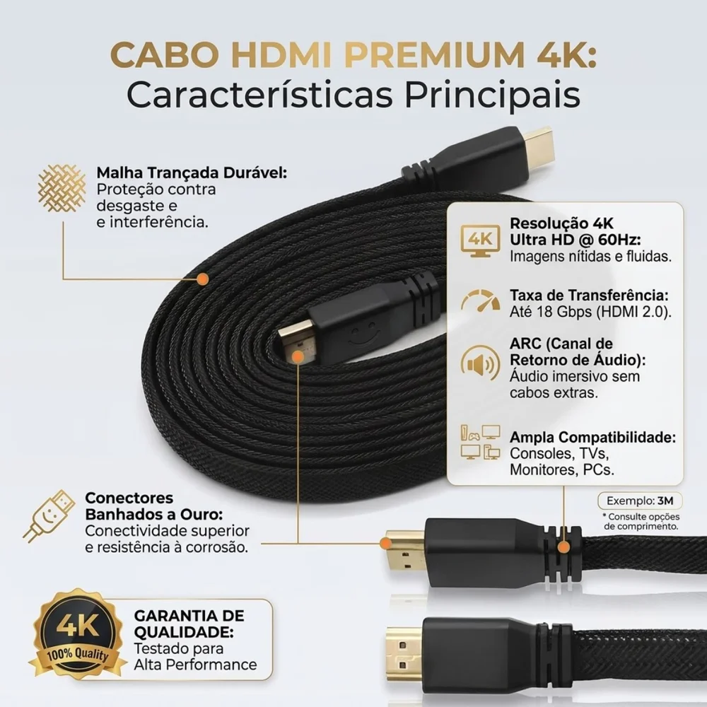 Imagem 3 de 5 do produto Cabo HDMI Gold 10m Metros Mts 4k 3d Full Hd Blindado Premium