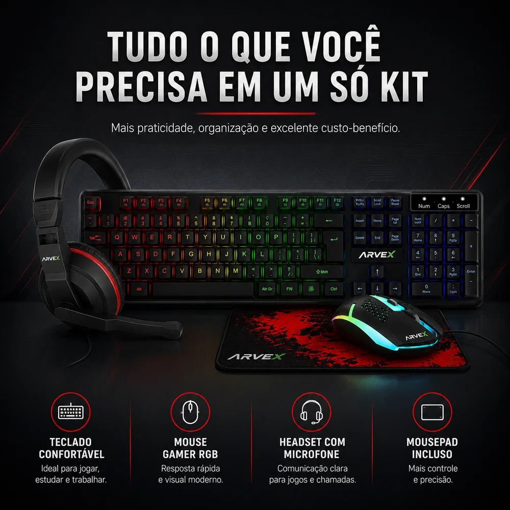Kit Gamer Completo 4 Em 1 Arvex Teclado Abnt2 Mouse Headset Mousepad Kit Gamer Completo 4 Em 1 Arvex Teclado Abnt2 Mouse Headset Mousepad