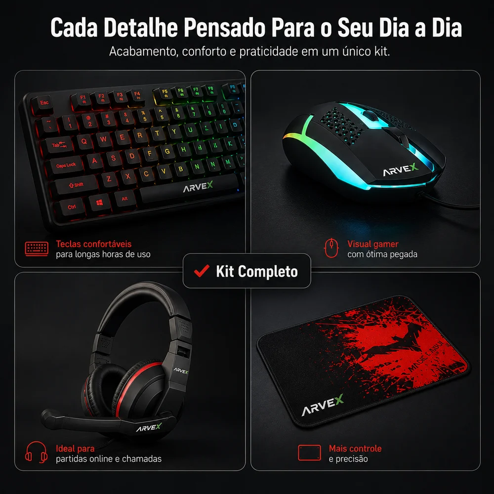 Kit Gamer Completo 4 Em 1 Arvex Teclado Abnt2 Mouse Headset Mousepad Kit Gamer Completo 4 Em 1 Arvex Teclado Abnt2 Mouse Headset Mousepad