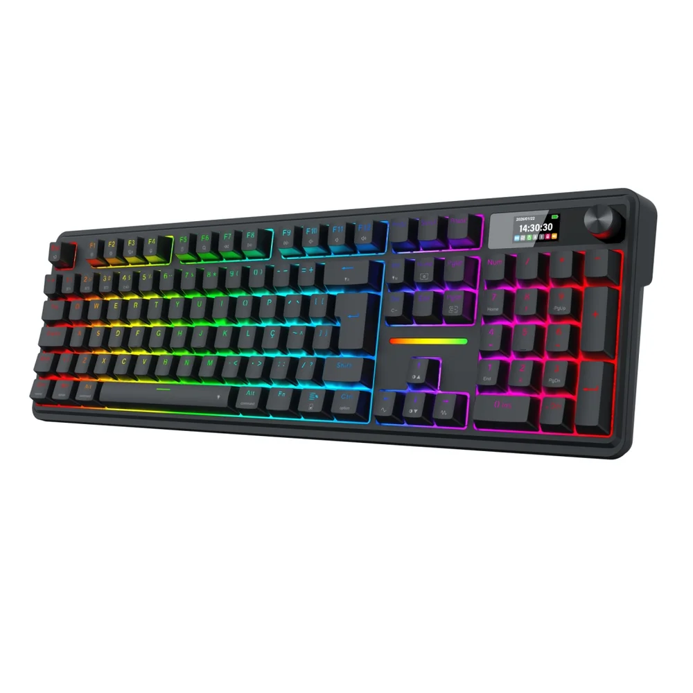 Teclado Mec Redragon Terraflare Pro, RGB, Usb-c/wf/blt, Full-size, Tela Lcd, Sw Mint Mambo, Black - K762RGB-pro Teclado Mec Redragon Terraflare Pro, RGB, Usb-c/wf/blt, Full-size, Tela Lcd, Sw Mint Mambo, Black - K762RGB-pro