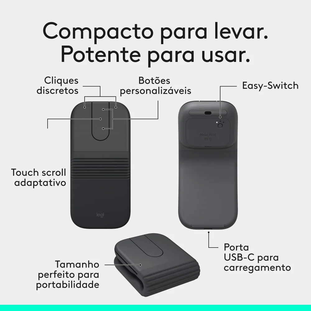 Imagem 2 de 5 do produto Mouse Sem Fio Logitech Mobi Fold, Portátil, Dobrável E Slim, Touch Scroll, Cliques Discretos, 4k Dpi, Bluetooth