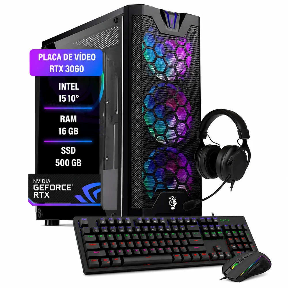 PC Computador Gamer RTX 3060 I5 10° 16gb Ram SSD 500GB