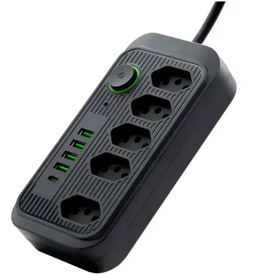 Filtro Linha 05 Tomadas C/ 04 Usb + Usb-c 5v Preto