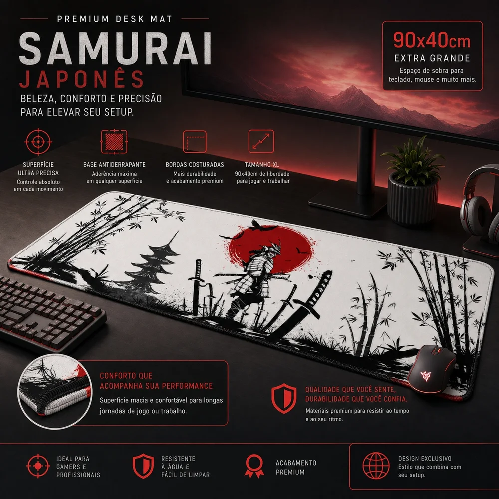 Imagem 2 de 4 do produto Mouse Pad Gamer Samurai Batalha 90x40 Cm Estilo Grande Antiderrapante Com Costura Premium Reforçada