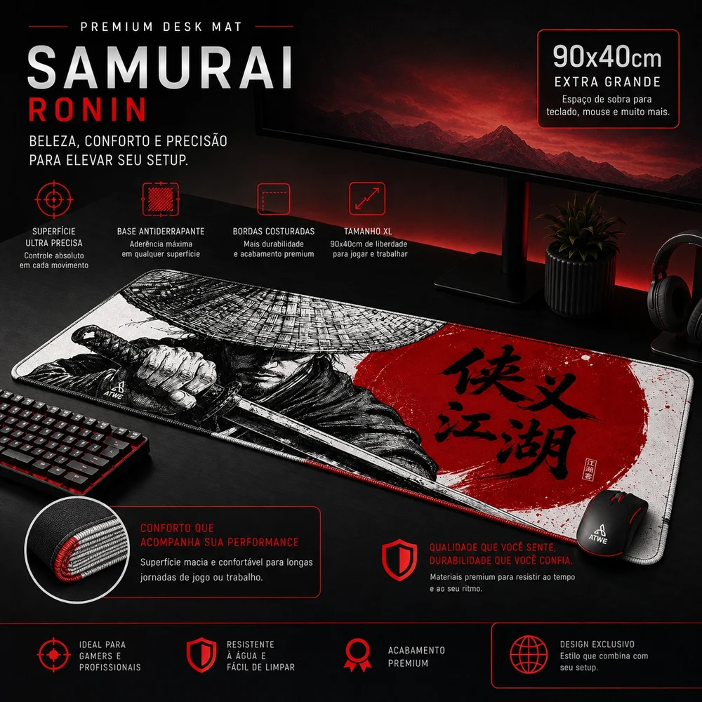 Imagem 3 de 4 do produto Mouse Pad Gamer Samurai Ronin 90x40 Cm Estilo Japonês Grande Antiderrapante Com Costura Premium Reforçada
