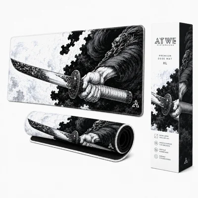 Mouse Pad Gamer Katana 90x40 Cm Estilo Japonês Grande Antiderrapante Com Costura Premium Reforçada