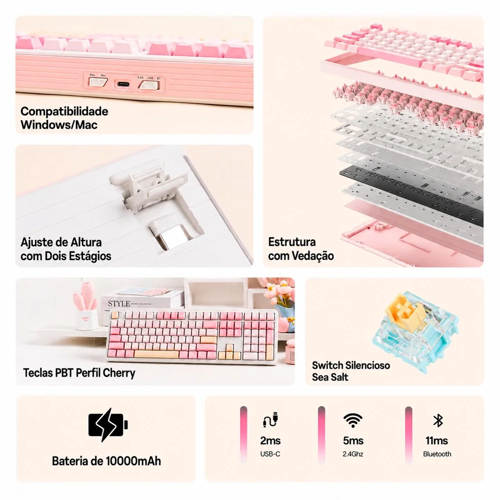 Imagem 3 de 5 do produto Teclado Gamer Epomaker Th108 Mecânico Sea Salt Silencioso Usb-c
