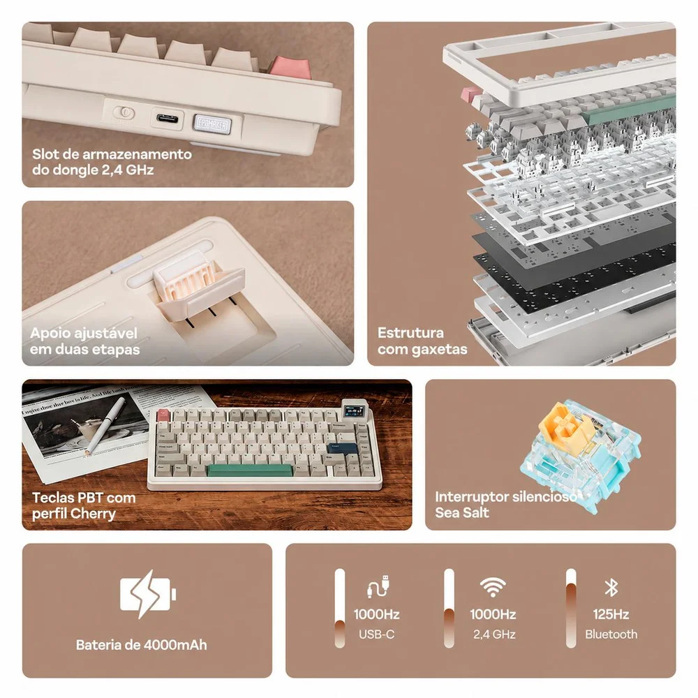 Imagem 3 de 5 do produto Teclado Gamer 75% Epomaker Rt82 Sea Salt Silent Tela Lcd