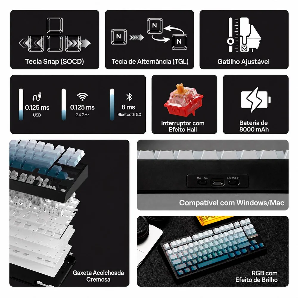Imagem 3 de 5 do produto Teclado Gamer Epomaker W68 He 8000hz Baixa Latência Wireless