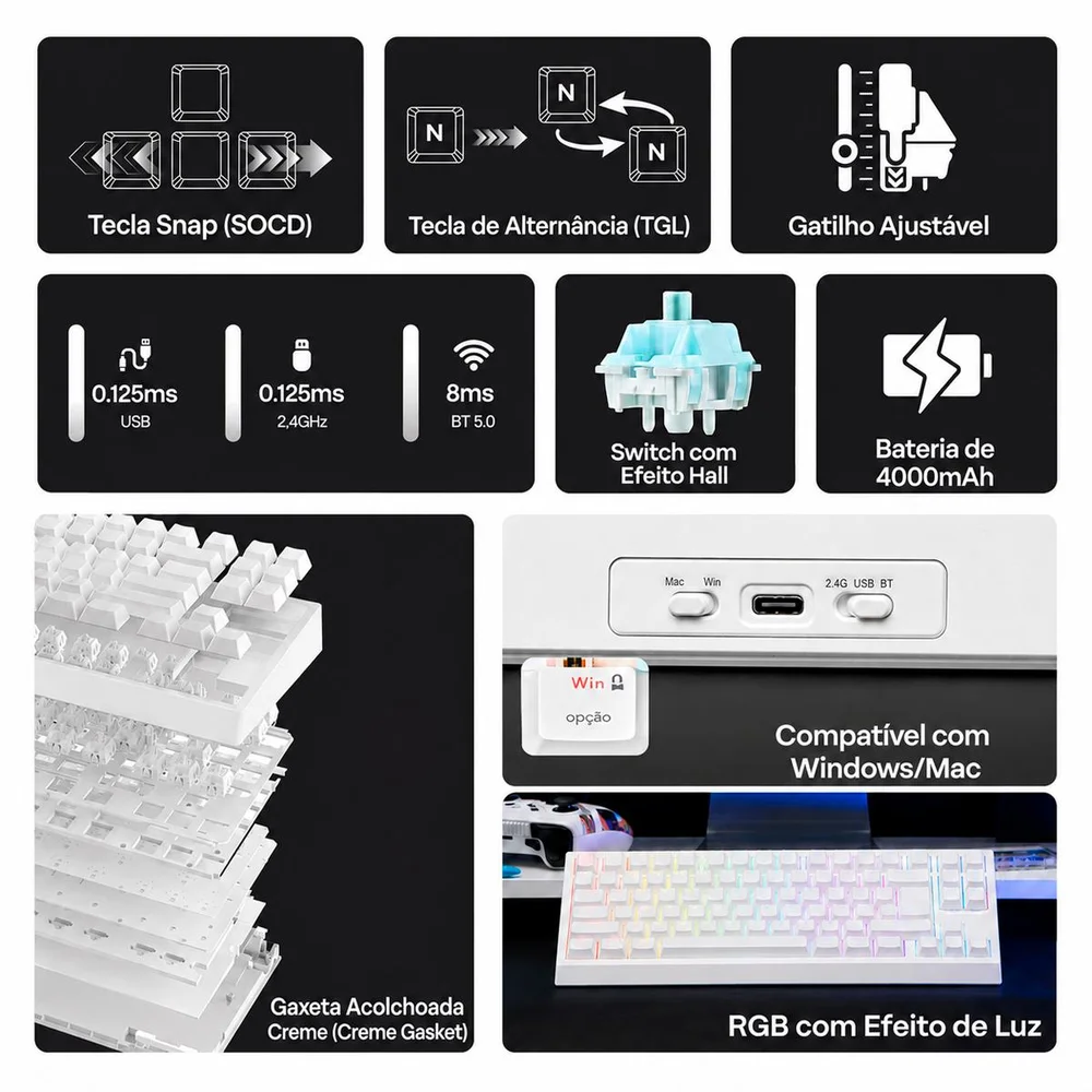 Imagem 4 de 5 do produto Teclado Magnetico 80% Epomaker G84 He Bluetooth 2.4ghz Usb-c