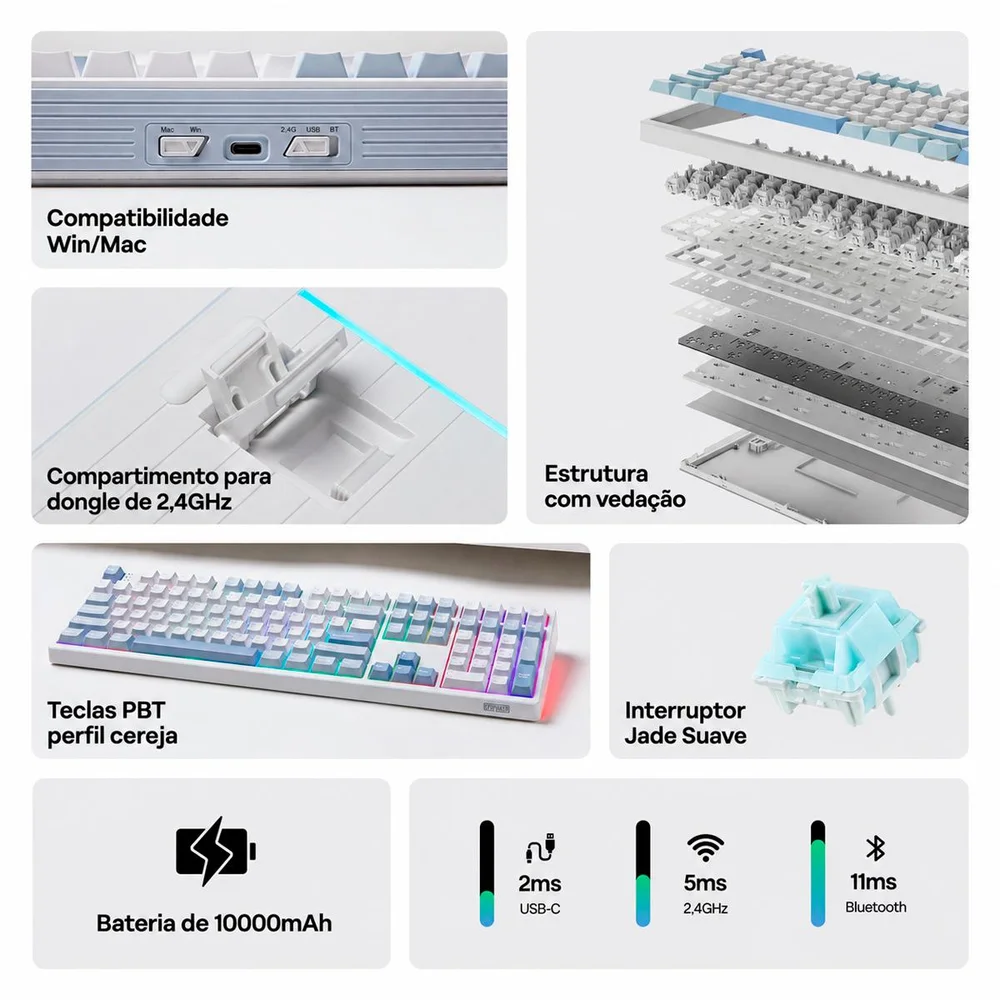 Imagem 5 de 5 do produto Teclado Epomaker Th108 Creamy Jade Sem Fio Gasket Mount 100%