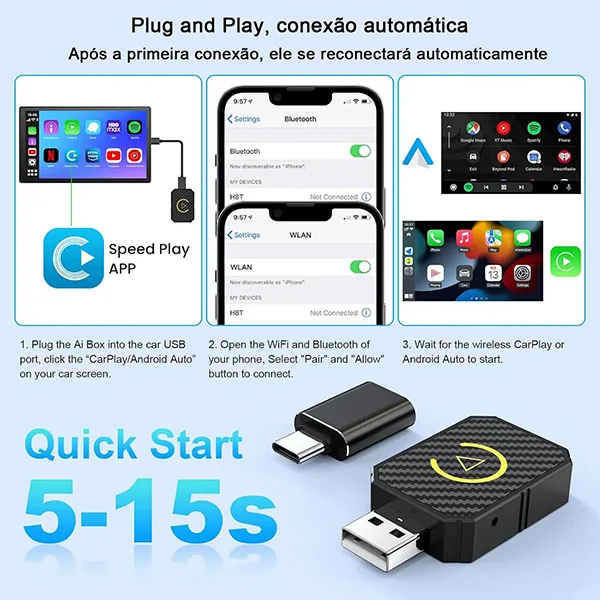 Imagem 2 de 5 do produto Adaptador CarPlay Sem Fio 2 em 1 Wireless CarPlay e Android Auto USB / USB-C