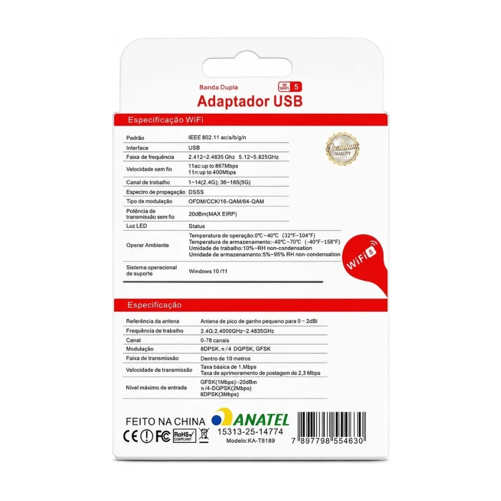 Imagem 4 de 4 do produto Adaptador Usb Wifi Dual Band 2.4g 5g Kapbom Modelo Ka-t8189