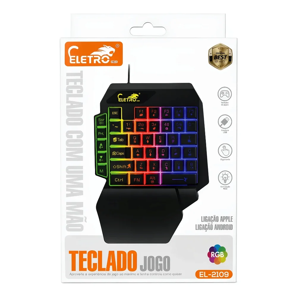 Imagem 2 de 5 do produto Teclado Gamer Semimecânico Uma Mão RGB Eletromex El-2109 Usb Preto
