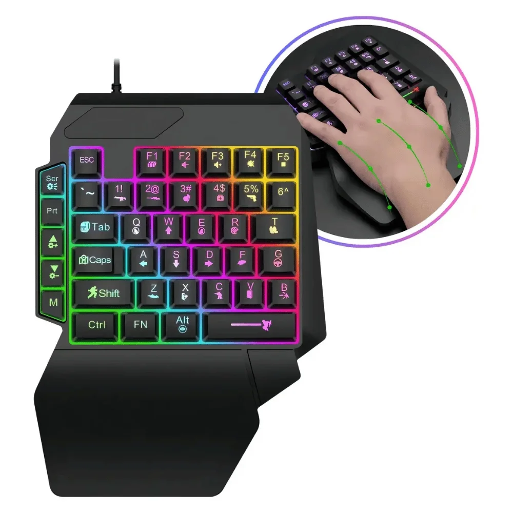 Imagem 3 de 5 do produto Teclado Gamer Semimecânico Uma Mão RGB Eletromex El-2109 Usb Preto