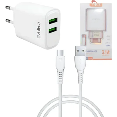 Carregador Rápido Inova 3.1a 2 Usb Cabo Usb-c 1m Branco Car-12722c
