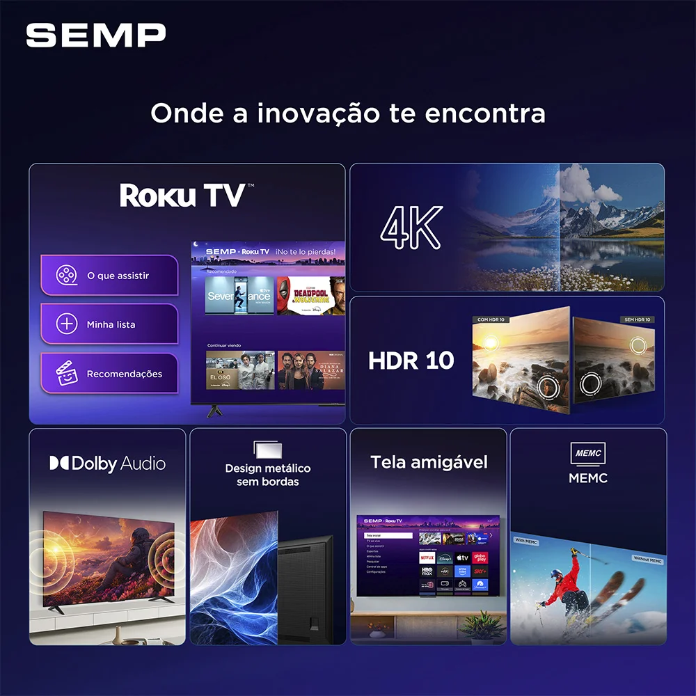 Imagem 3 de 5 do produto Smart TV Semp 55 Polegadas LED 4K S62R Roku TV Wi-Fi HDR10 Dolby Audio Brilho até 270 Nits 55S62R