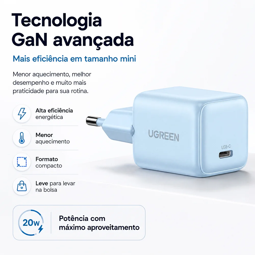 Imagem 2 de 5 do produto Ugreen Carregador Mini 20w Pd Gan Tech Azul