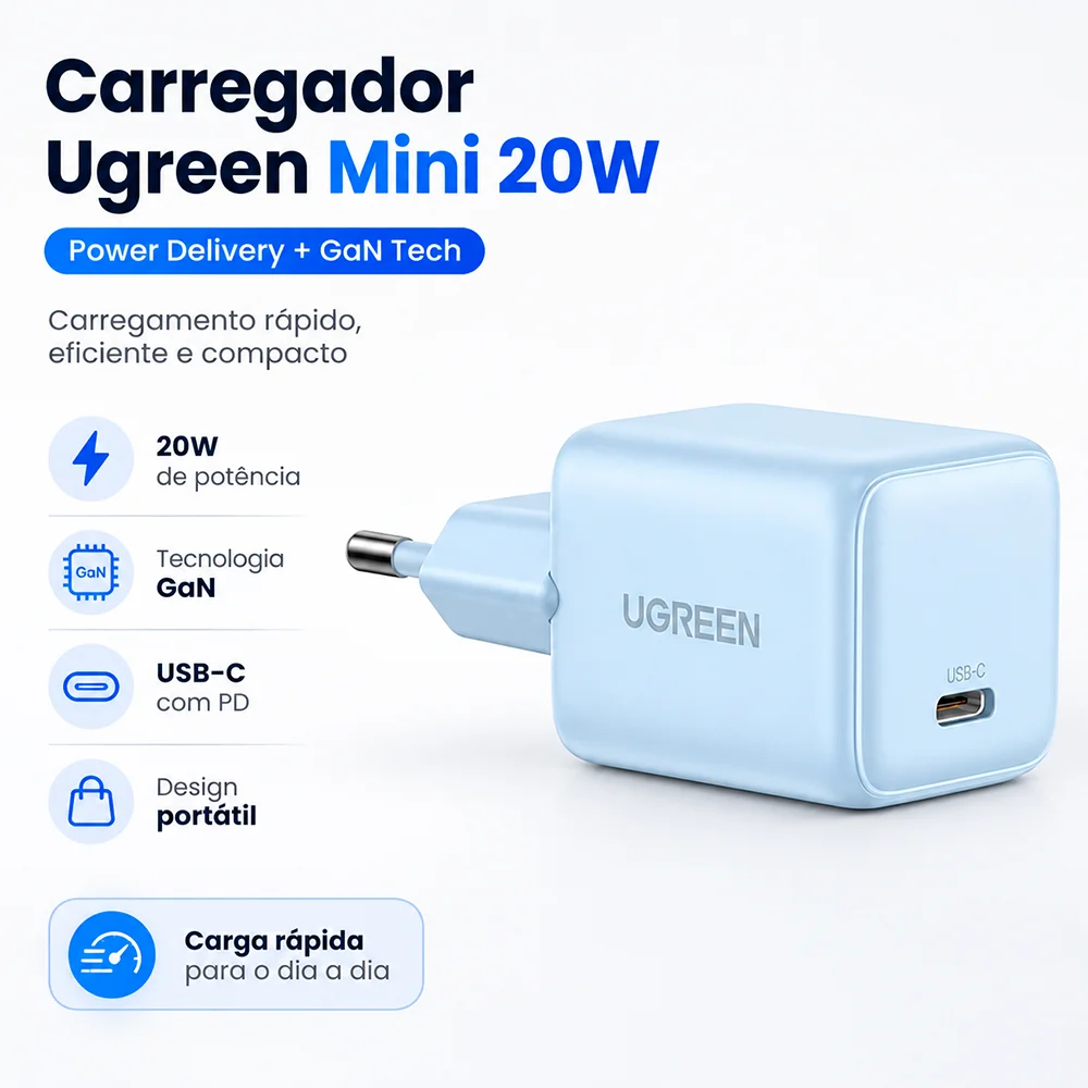Imagem 3 de 5 do produto Ugreen Carregador Mini 20w Pd Gan Tech Azul
