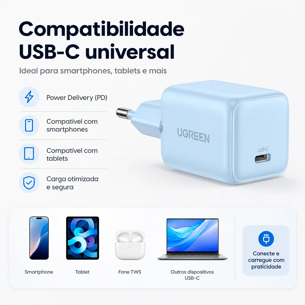 Imagem 5 de 5 do produto Ugreen Carregador Mini 20w Pd Gan Tech Azul