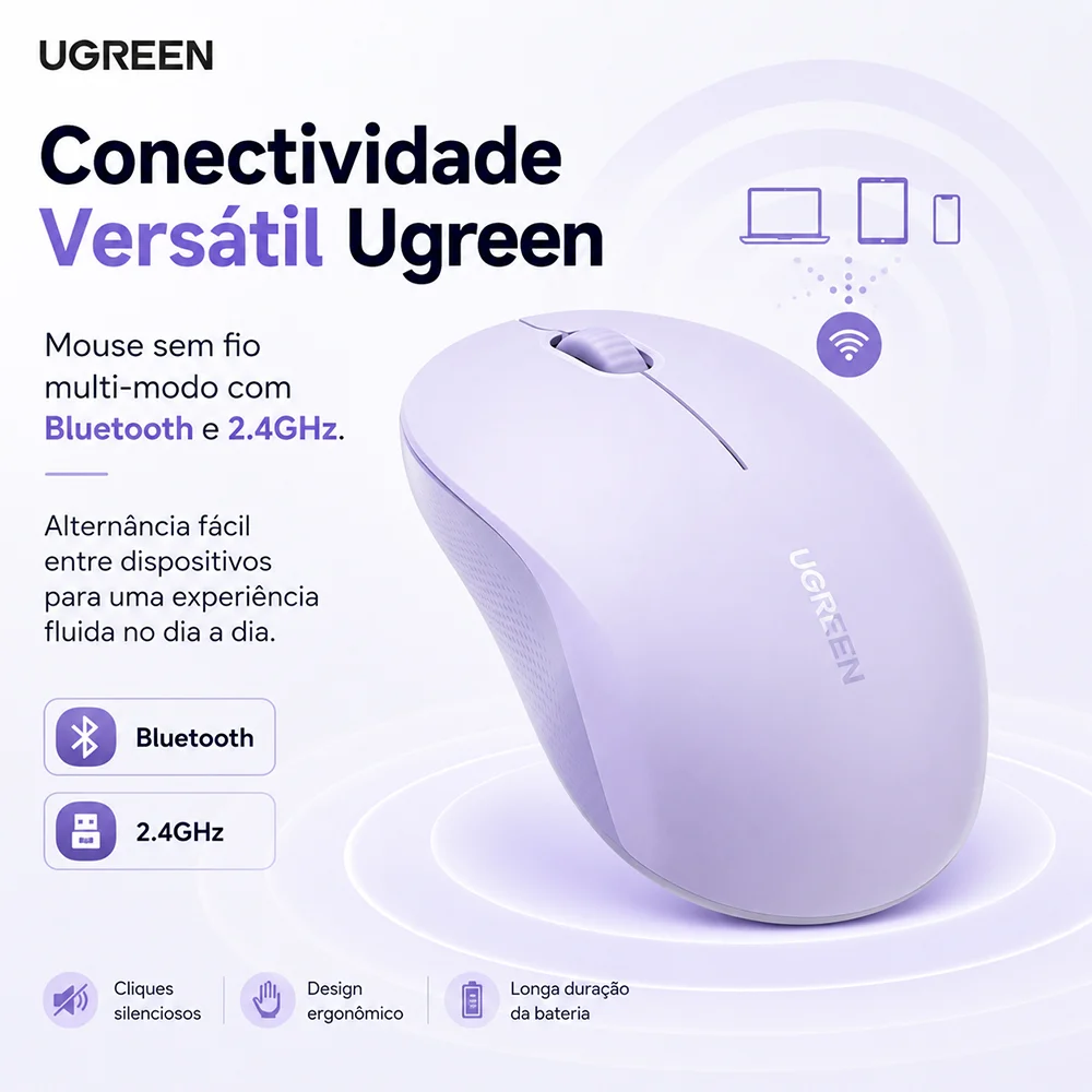 Imagem 5 de 5 do produto Ugreen Mouse Multi-mode Sem Fio Roxo 65626