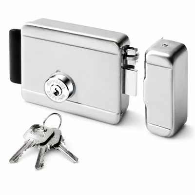 Fechadura Sobrepor Elétrica 12v Cilindro Bipartido Py Inox Escovado Ros40 Abertura Para Direita E Esquerda Soprano