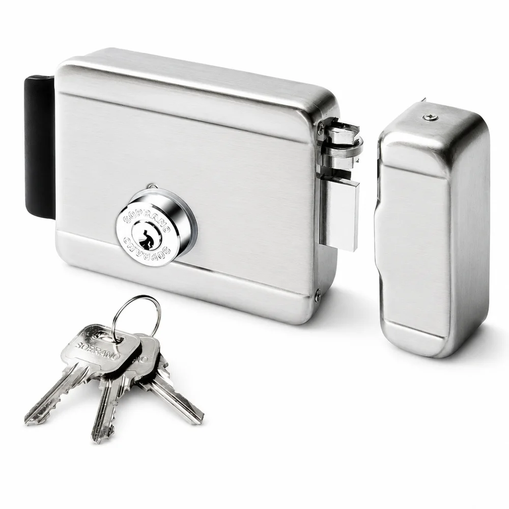 Fechadura Sobrepor Elétrica 12v Cilindro Bipartido Py Inox Escovado Ros40 Abertura Para Direita E Esquerda Soprano