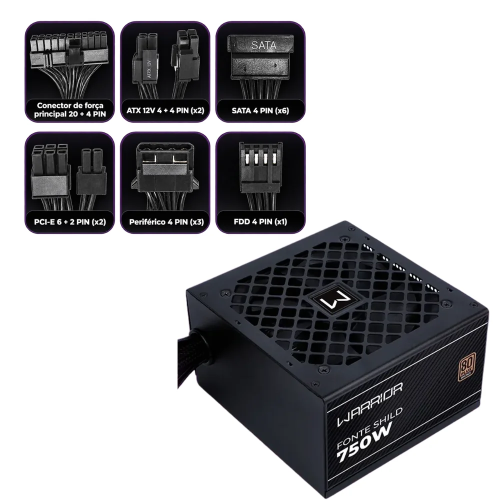 Imagem 2 de 5 do produto Fonte Gamer Shild 750w 80 Plus Bronze Pfc At Preta Multi