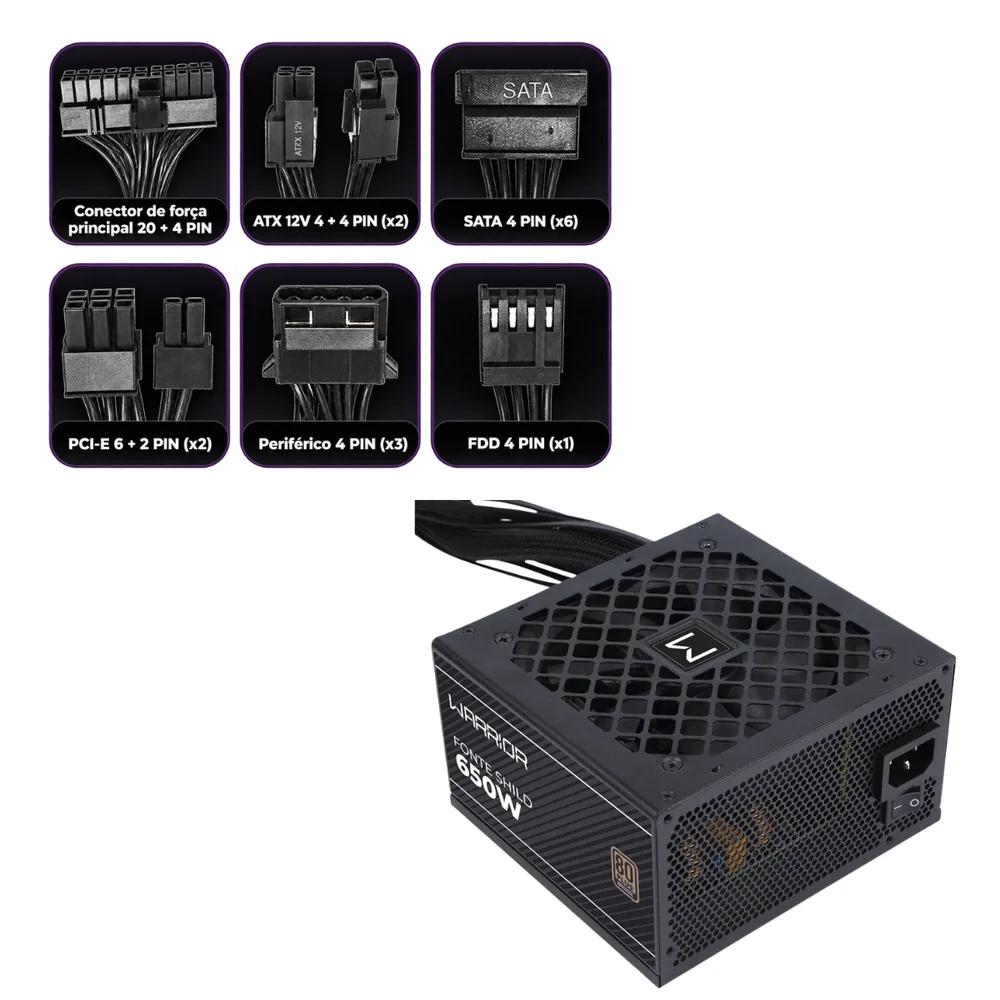 Imagem 2 de 5 do produto Fonte Gamer Shild 650w 80 Plus Bronze Pfc At Preto Multi