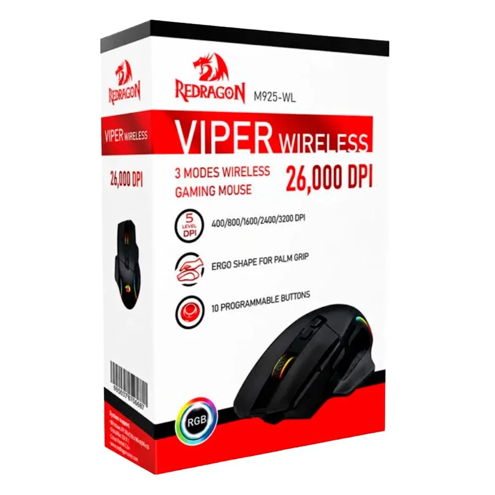 Imagem 3 de 3 do produto Mouse Gamer Redragon Viper M925-wl Sem Fio 26000 Dpi Preto Sensor Óptico Bluetooth 2.4ghz RGB Ajustável Ergonômico