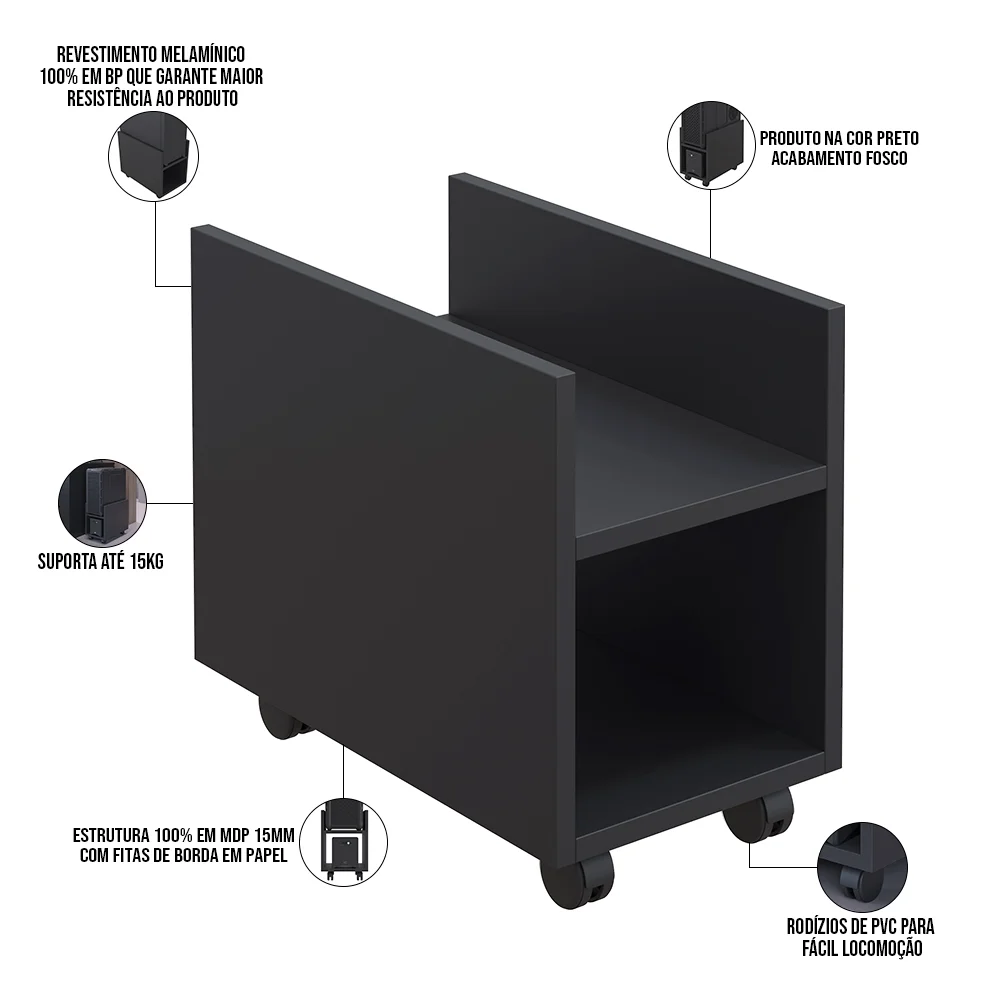 Kit 04 Suportes Para Cpu E Nobreak Com Rodízios Guide L03 Preto - Lyam Decor