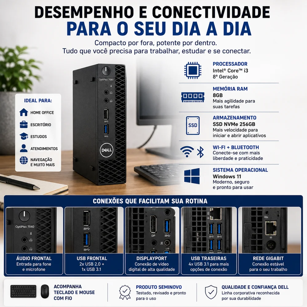 Mini PC Dell Optiplex 7060 i3 8 8GB Nvme 256gb