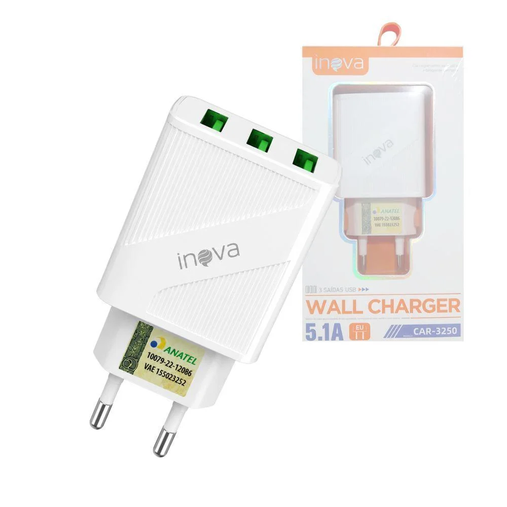 Carregador De Parede Usb Inova Car-3250 Com 3 Entradas Usb Turbo 5.1a Bivolt Branco Carregador De Parede Usb Inova Car-3250 Com 3 Entradas Usb Turbo 5.1a Bivolt Branco